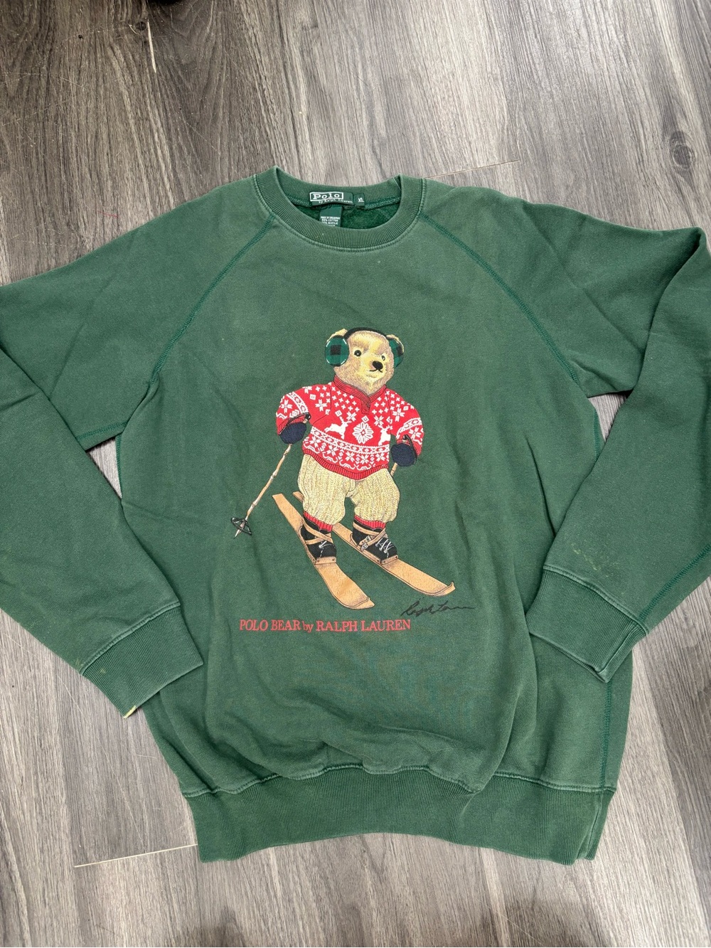Vintage Polo Ralph Lauren Green Crewneck Sweatshirt Polo Bear XL Distressed 90s